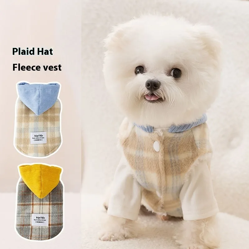 Chessboard Grid Hooded Traction Vest Autumn And Winter Pet