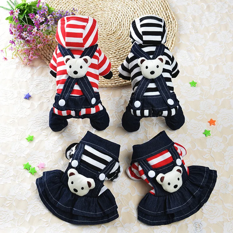 Denim Suspenders Dog Clothes Pet Supplies Clothing Striped Suspenders Bear Four-legged Pants
