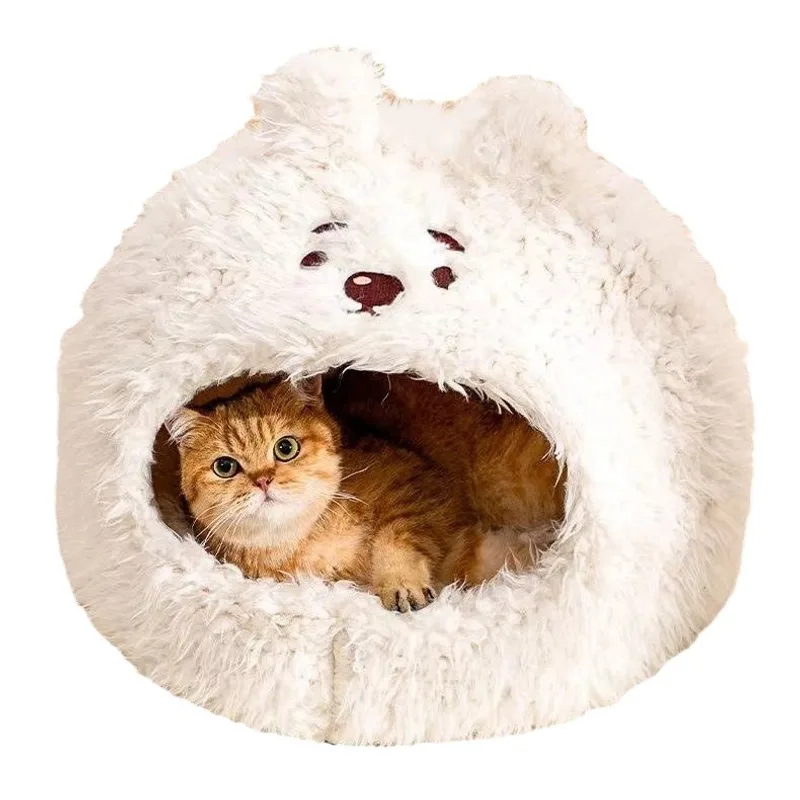 Semi Closed Pet Cat Nest Dog Sleeping Nest Warm Winter Yurt Plush Animal Models Cute Pet Velvet Nest