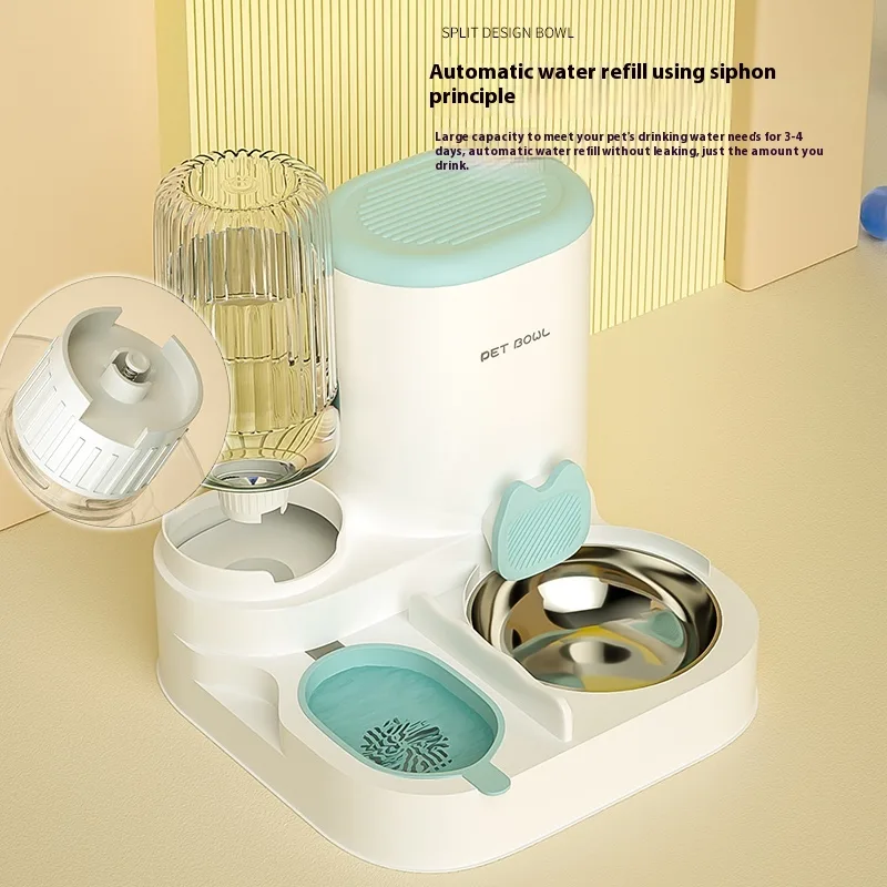 Cat Bowl Automatic Feeding Water Fountain Integrated Double Bowl Stainless Steel