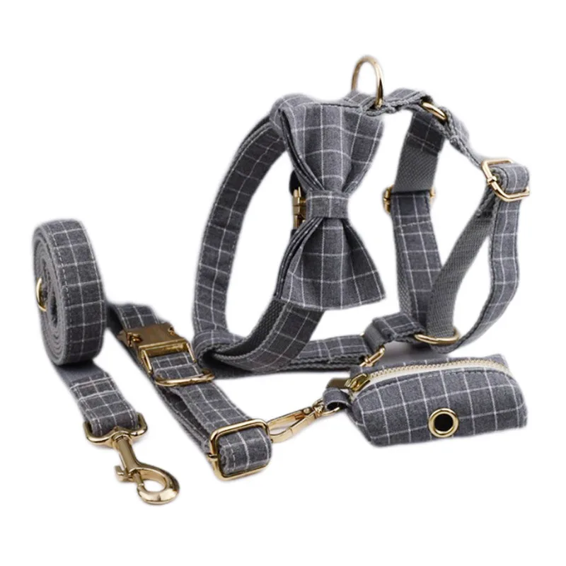 Gray Plaid Flannel Pet Collar Velvet Hand Holding Rope