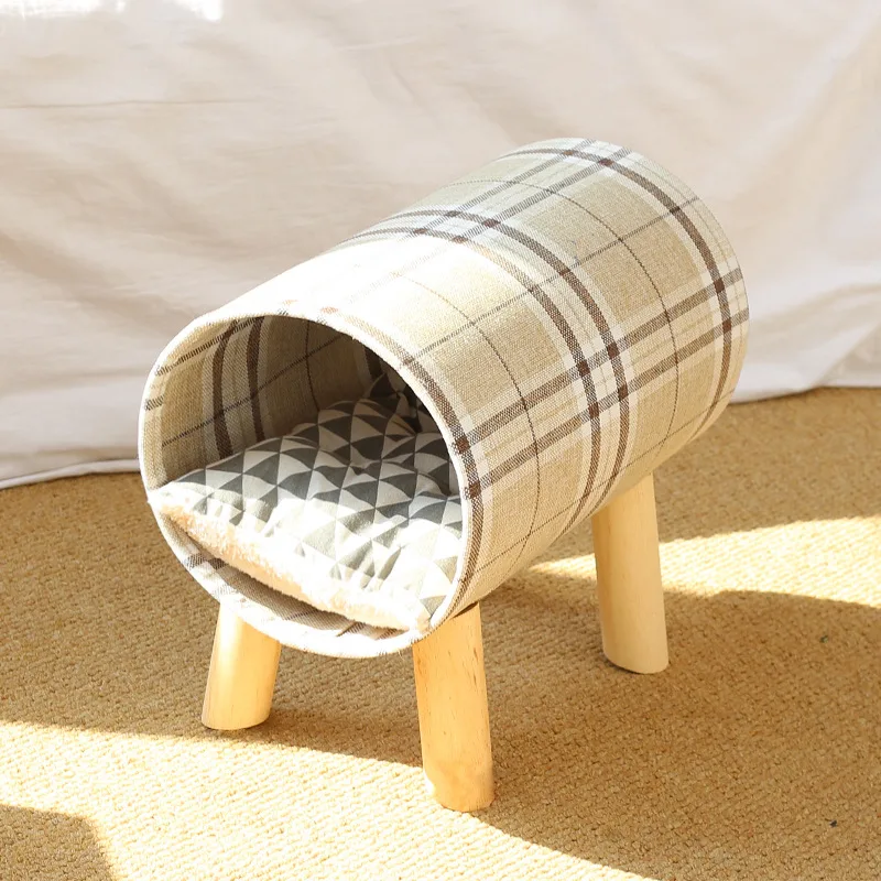 Modern elevated striped cat tunnel with cushion bed