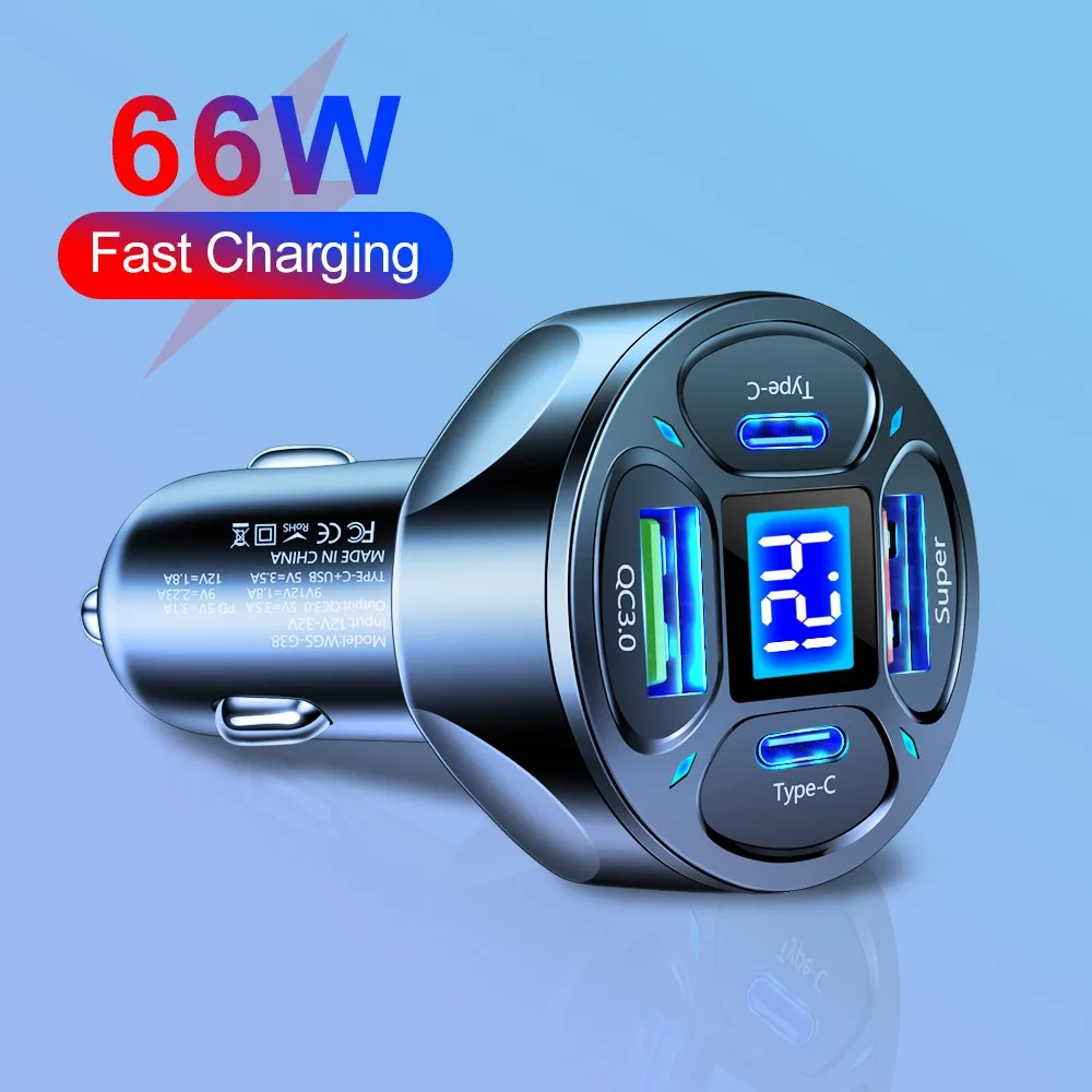 66W 2USB 2Type-c Digital Display Car Charger Support Super Fast Charge