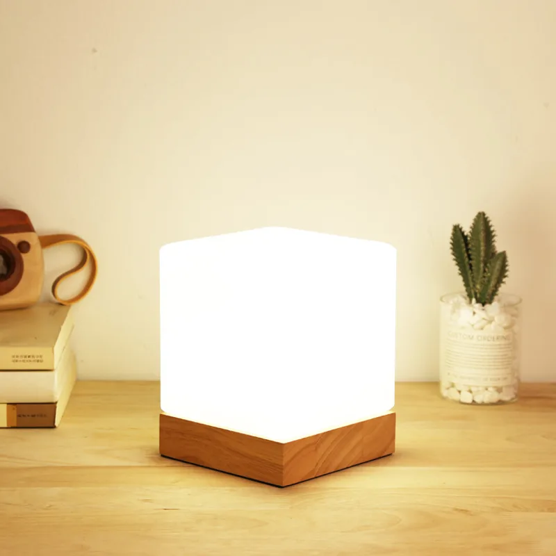 Table Lamp Creative Bedroom Simple Nordic Table Lamp Remote Control Dimming Glass Wood Warm Wedding Bedside Night Light