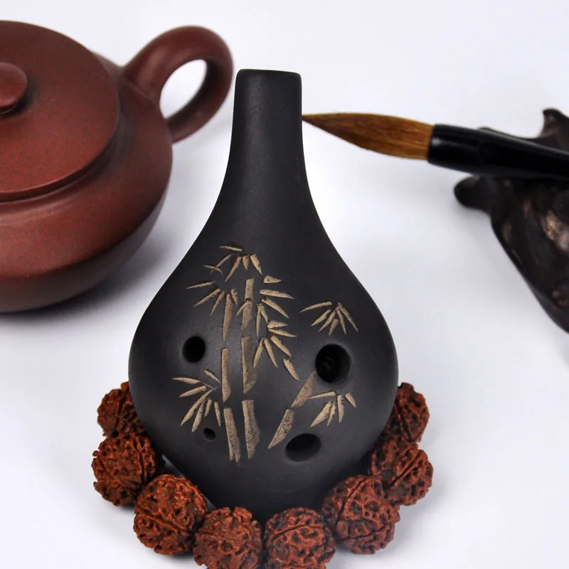 6 hole black pottery flute AC key alto C key hand carving
