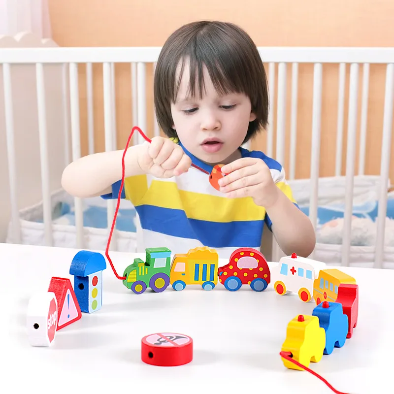 Children's Early Education Wooden Animal Traffic Rope Educational Coordination Toys