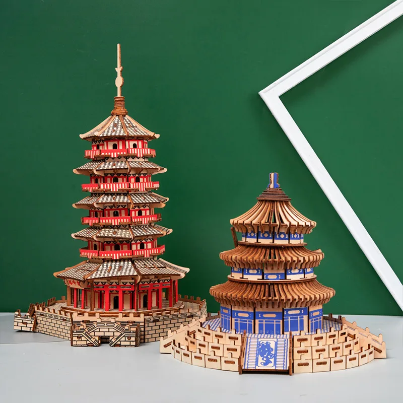 3D Wooden Stereoscopic Puzzle Building Models Hand-assembled Toys