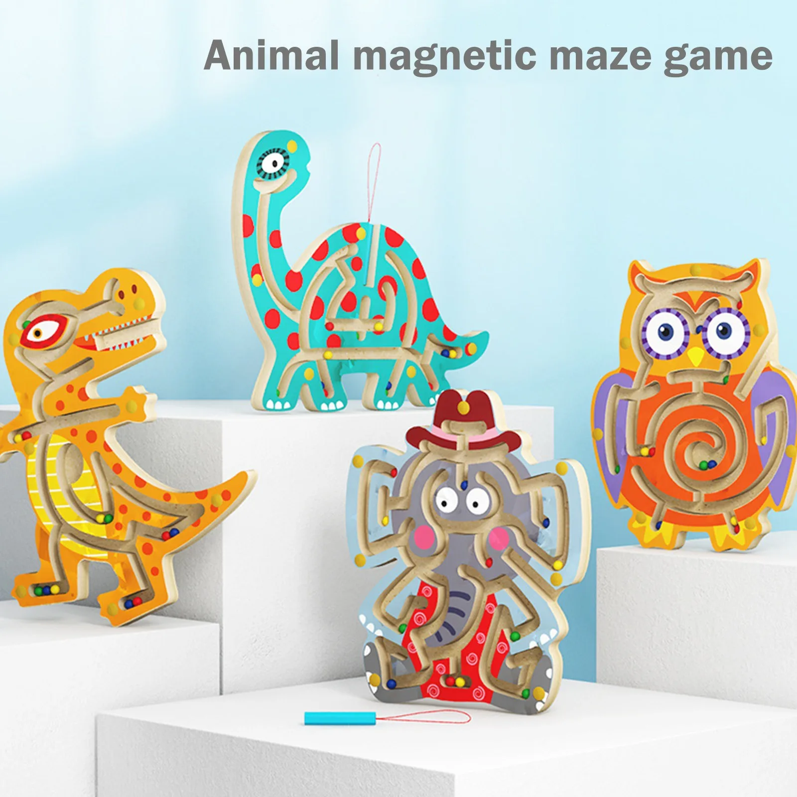 Wooden Animal Magnetic Pen Maze Game Toy Magnetic Golfer Eye Coordination Intelligence Early Education Toy Montessori